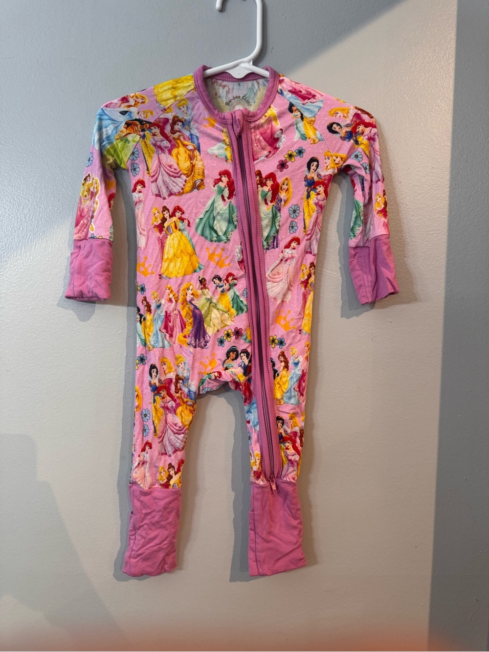 Girls' Pink Princess Print Bamboo One-Piece Pajamas with Front Zipper